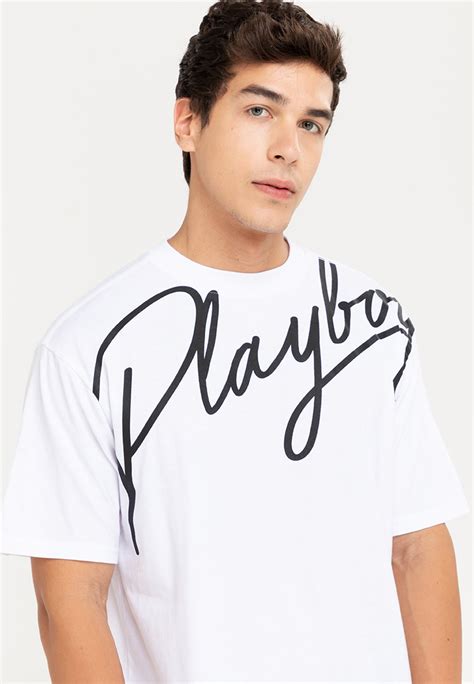 lazada script|Men's Playboy White Script Loose Tee .